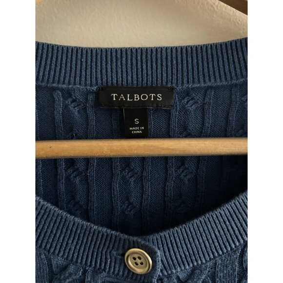 Talbots Blue Cable Knit Cotton Cardigan Small Gold Buttons Preppy Academia - Picture 2 of 10